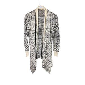 Anthropologie TINY Black & Cream Open Front Boho Cardigan Sweater With Tribal Pa
